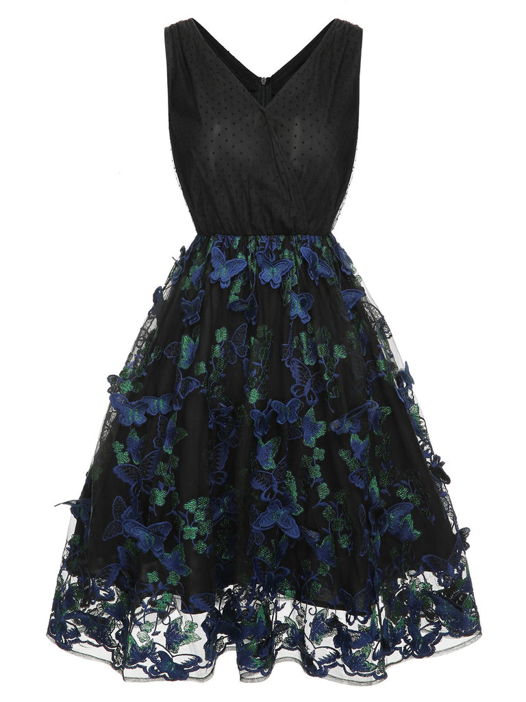Schwarzes 1950er V-Ausschnitt 3D Schmetterling Mesh Kleid