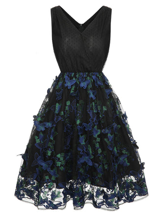 Schwarzes 1950er V-Ausschnitt 3D Schmetterling Mesh Kleid