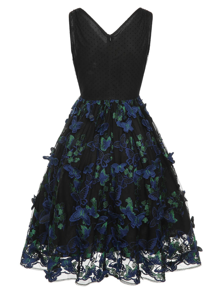 Schwarzes 1950er V-Ausschnitt 3D Schmetterling Mesh Kleid