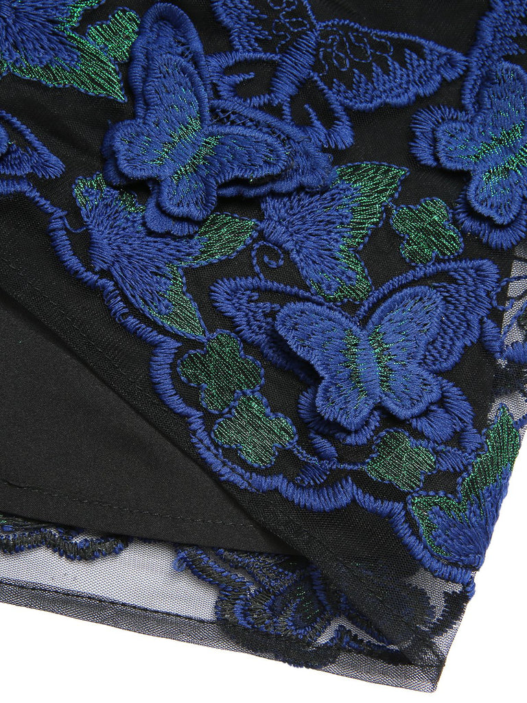 Schwarzes 1950er V-Ausschnitt 3D Schmetterling Mesh Kleid
