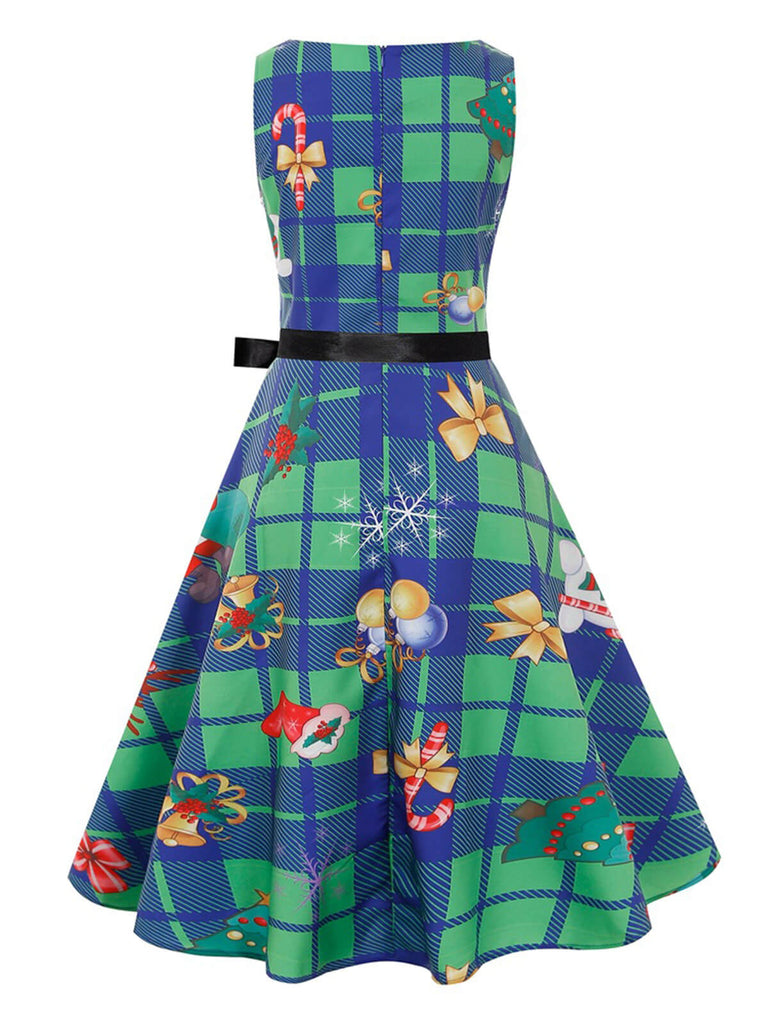 1950er Weihnachten kariertes ärmelloses Kleid mit Schleife
