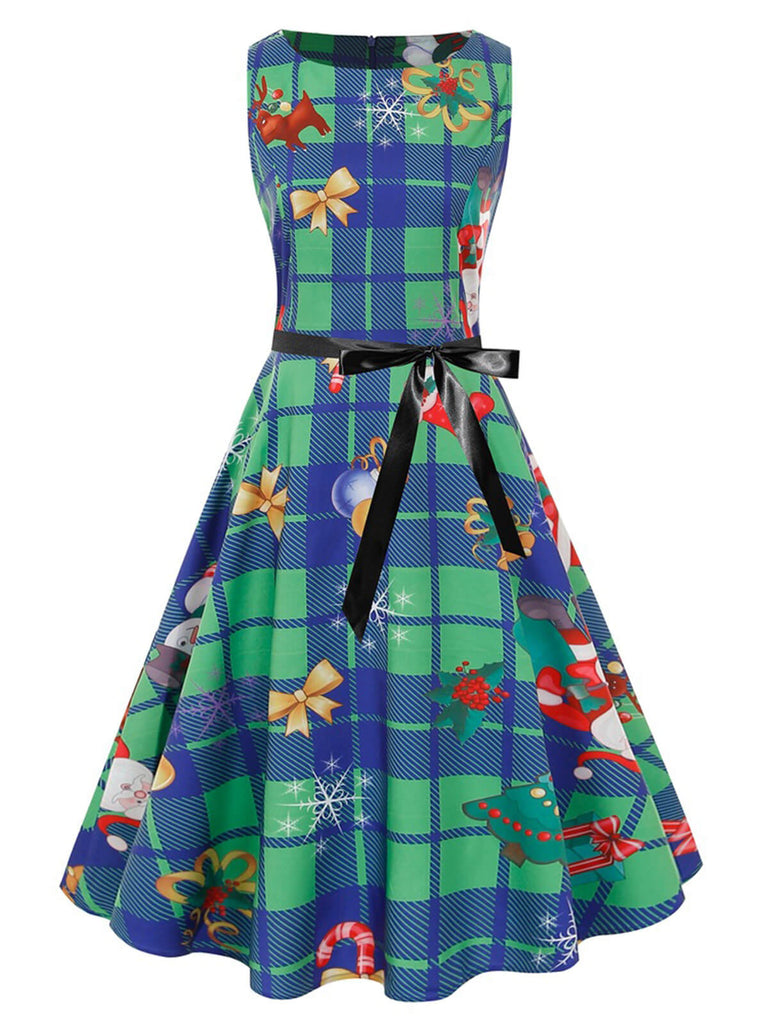 1950er Weihnachten kariertes ärmelloses Kleid mit Schleife