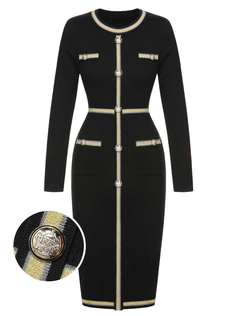 Schwarz 1960er Gestricktes Knöpfen Patchwork Kleid