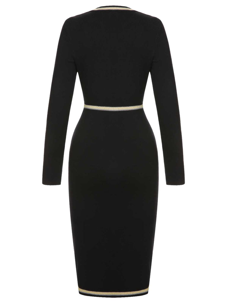 Schwarz 1960er Gestricktes Knöpfen Patchwork Kleid