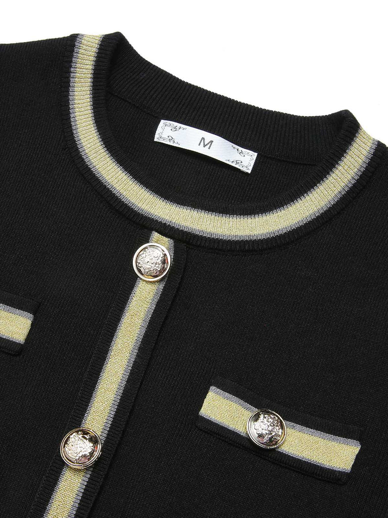 Schwarz 1960er Gestricktes Knöpfen Patchwork Kleid