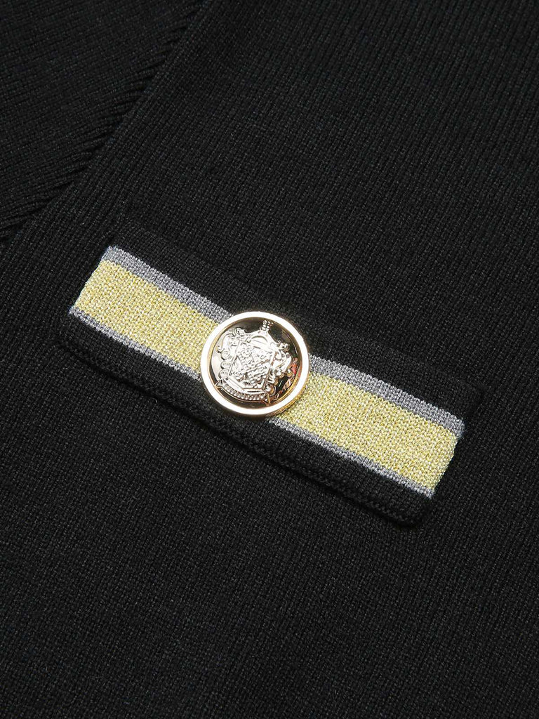 Schwarz 1960er Gestricktes Knöpfen Patchwork Kleid