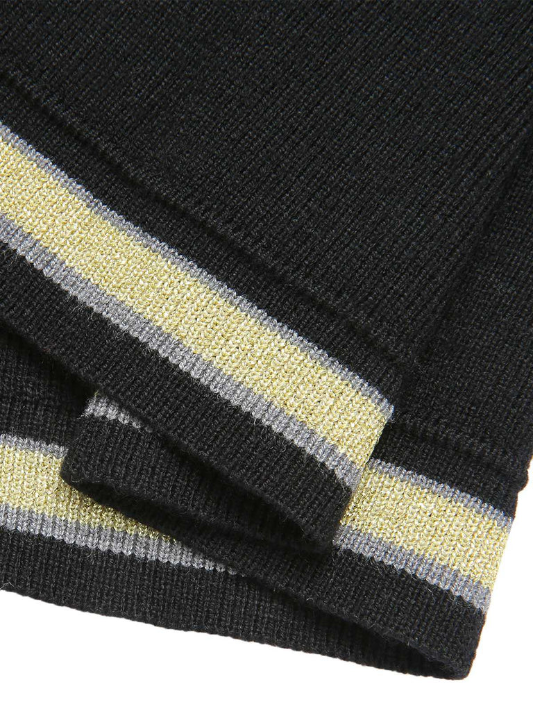 Schwarz 1960er Gestricktes Knöpfen Patchwork Kleid