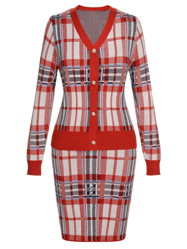 2PCS Rot 1960er Weihnachten Plaids gestrickt Cardigan & Rock