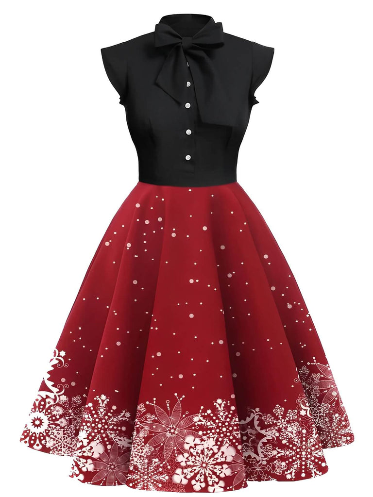 Schwarz & Rot 1950er Weihnachten Schneeflocke Bogen Kragen Kleid