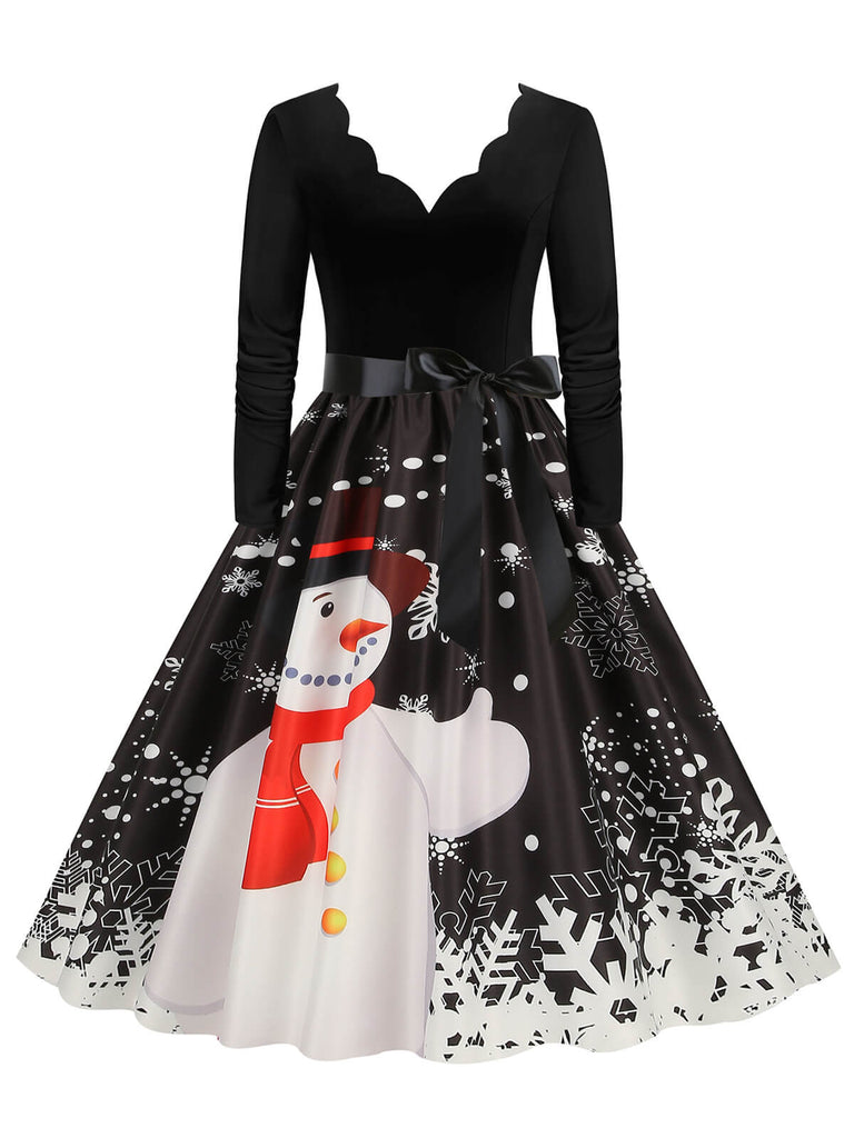 Weihnachten 1950er V-Ausschnitt Langarm Patchwork Kleid