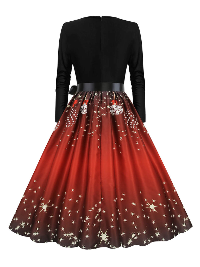 Weihnachten 1950er V-Ausschnitt Langarm Patchwork Kleid