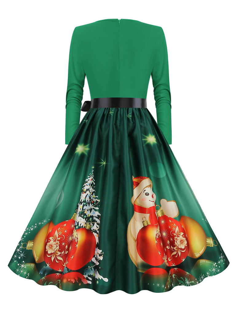 Weihnachten 1950er V-Ausschnitt Langarm Patchwork Kleid