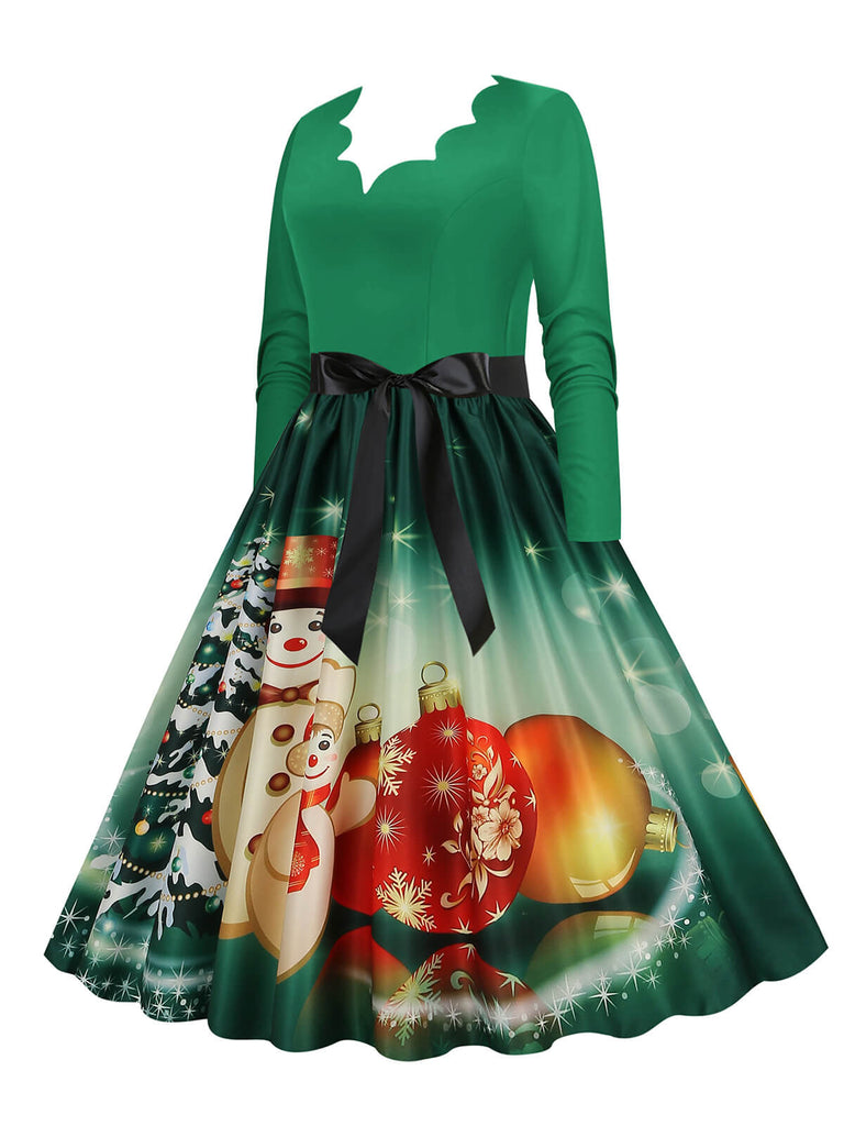 Weihnachten 1950er V-Ausschnitt Langarm Patchwork Kleid