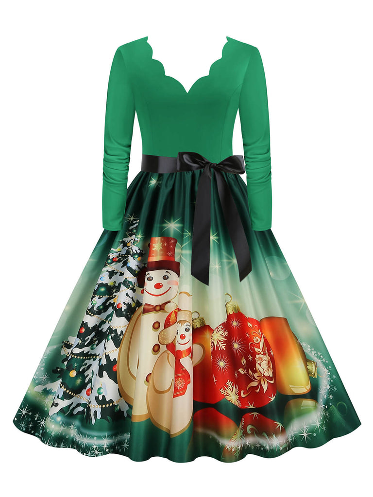 Weihnachten 1950er V-Ausschnitt Langarm Patchwork Kleid