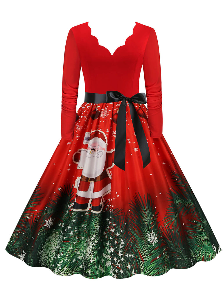 Weihnachten 1950er V-Ausschnitt Langarm Patchwork Kleid