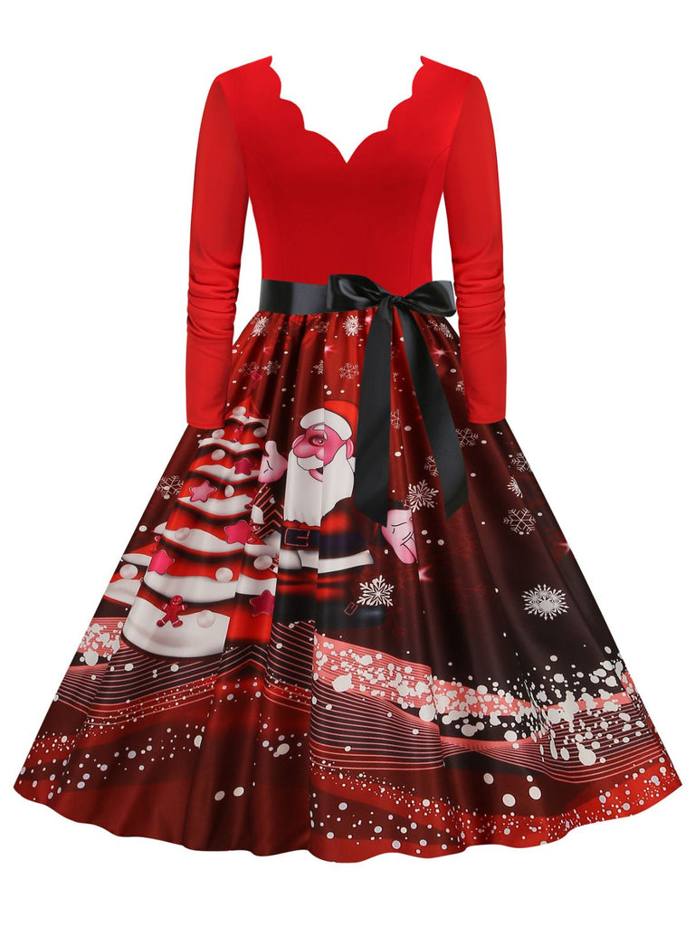 Weihnachten 1950er V-Ausschnitt Langarm Patchwork Kleid