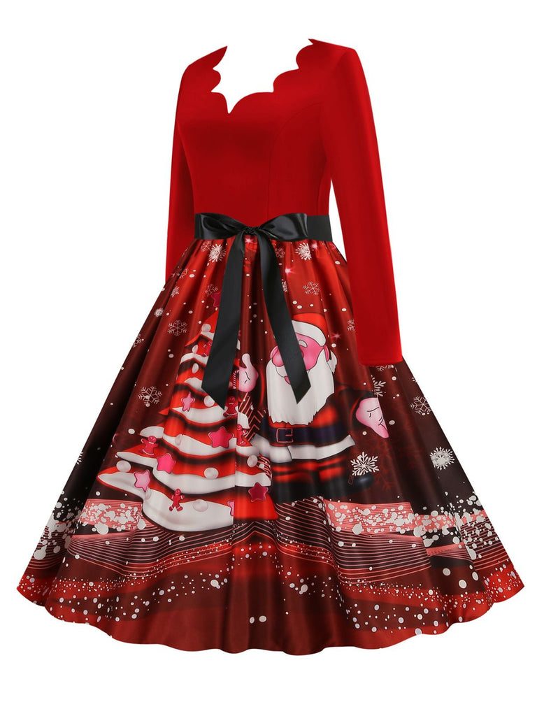 Weihnachten 1950er V-Ausschnitt Langarm Patchwork Kleid