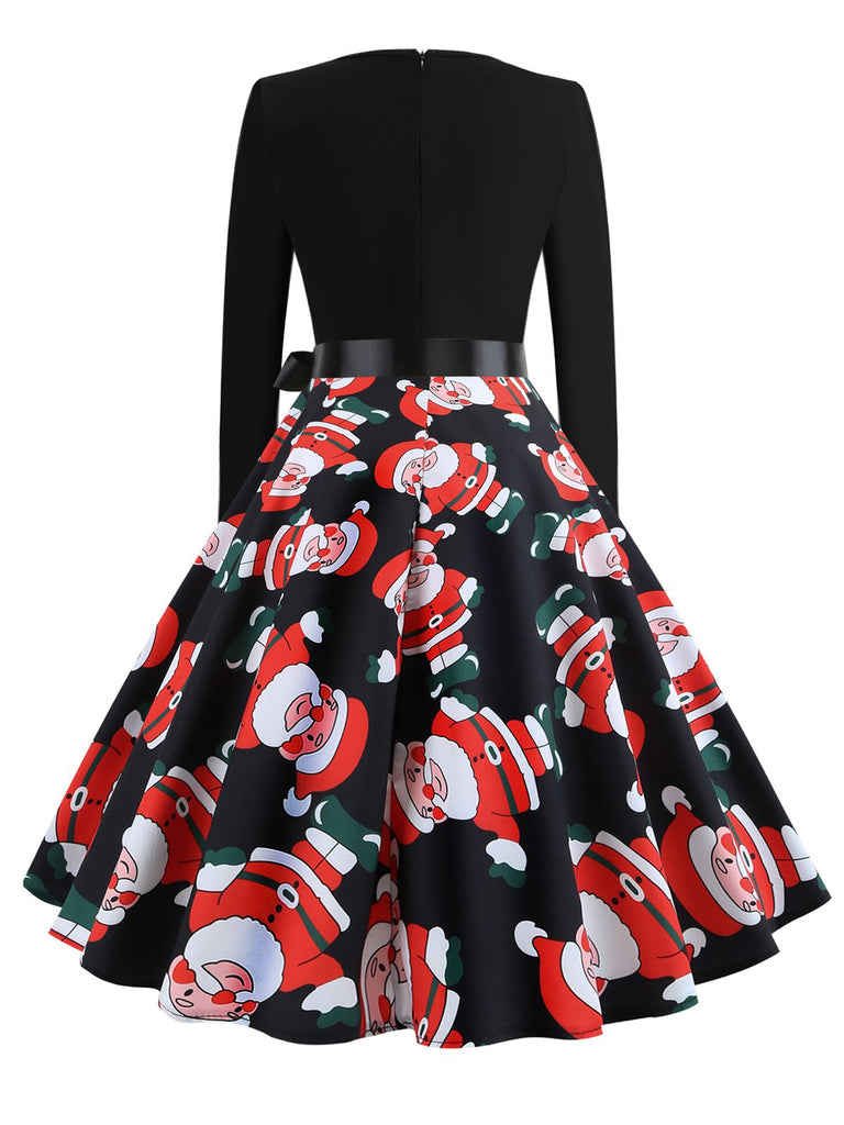 Schwarz 1950er Weihnachten V-Ausschnitt Patchwork Swing Kleid