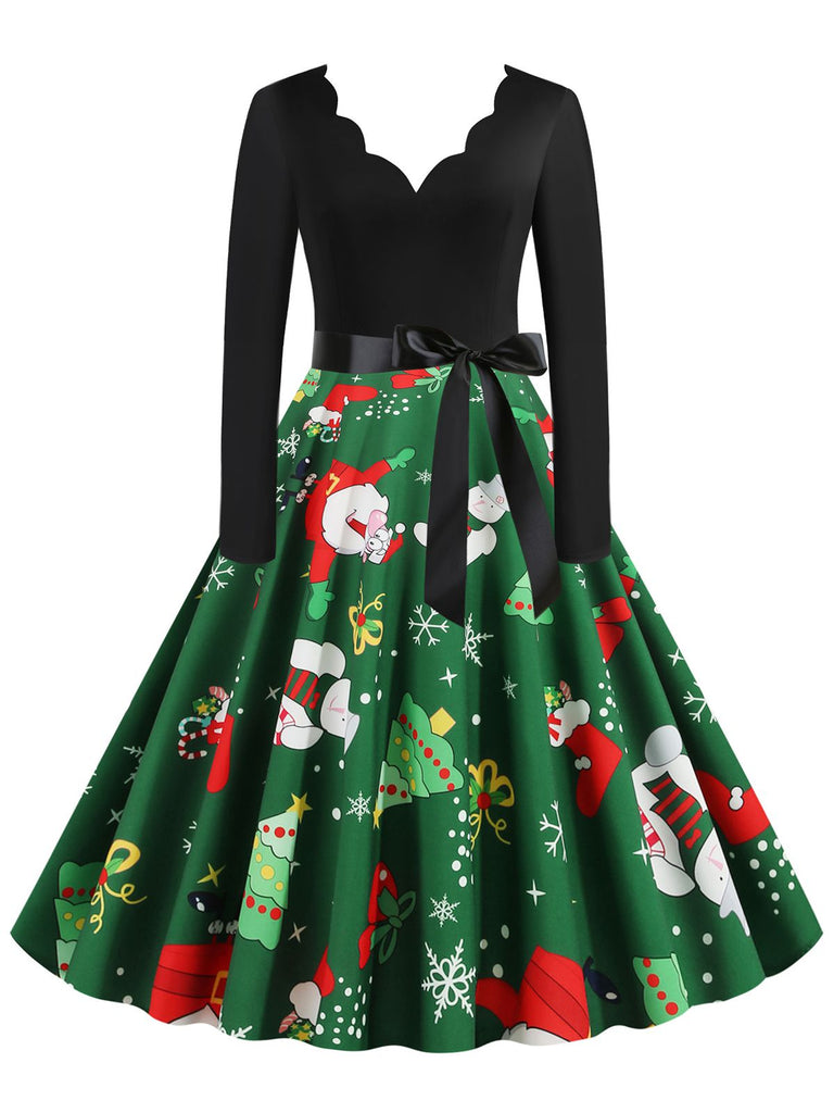 Schwarz 1950er Weihnachten V-Ausschnitt Patchwork Swing Kleid