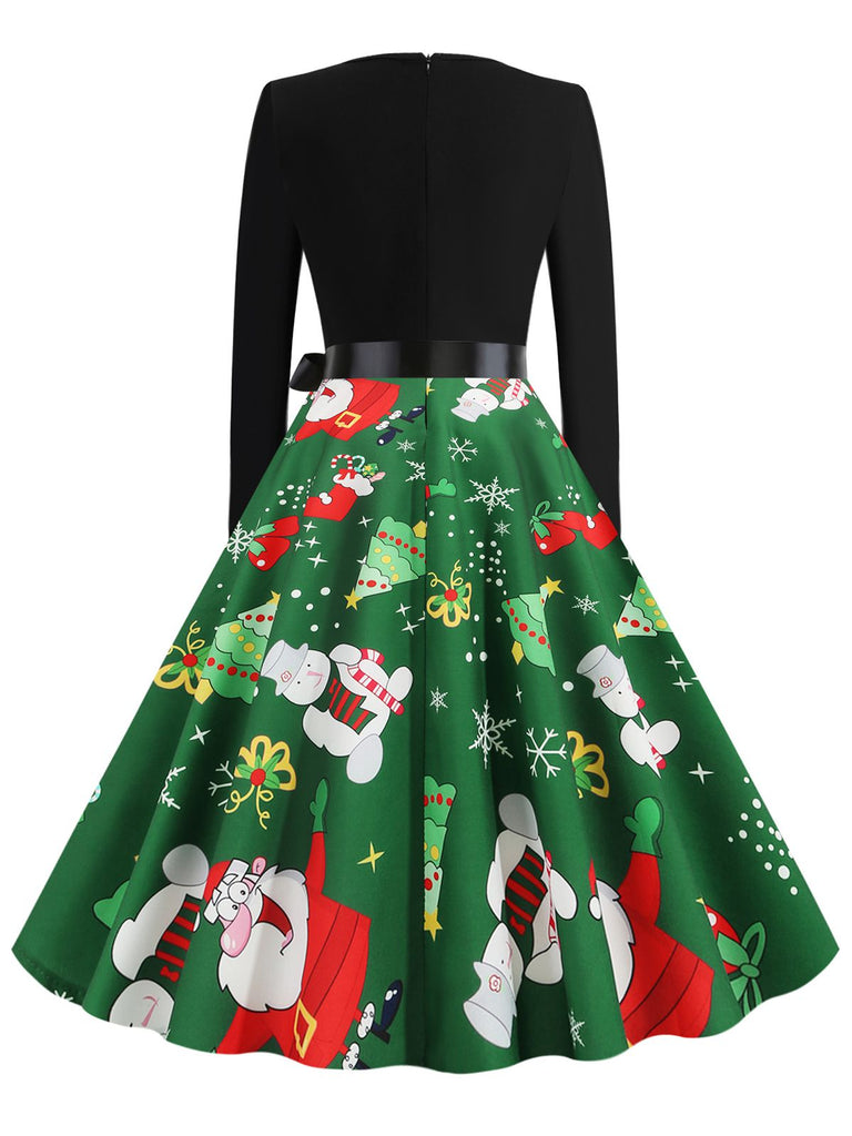 Schwarz 1950er Weihnachten V-Ausschnitt Patchwork Swing Kleid