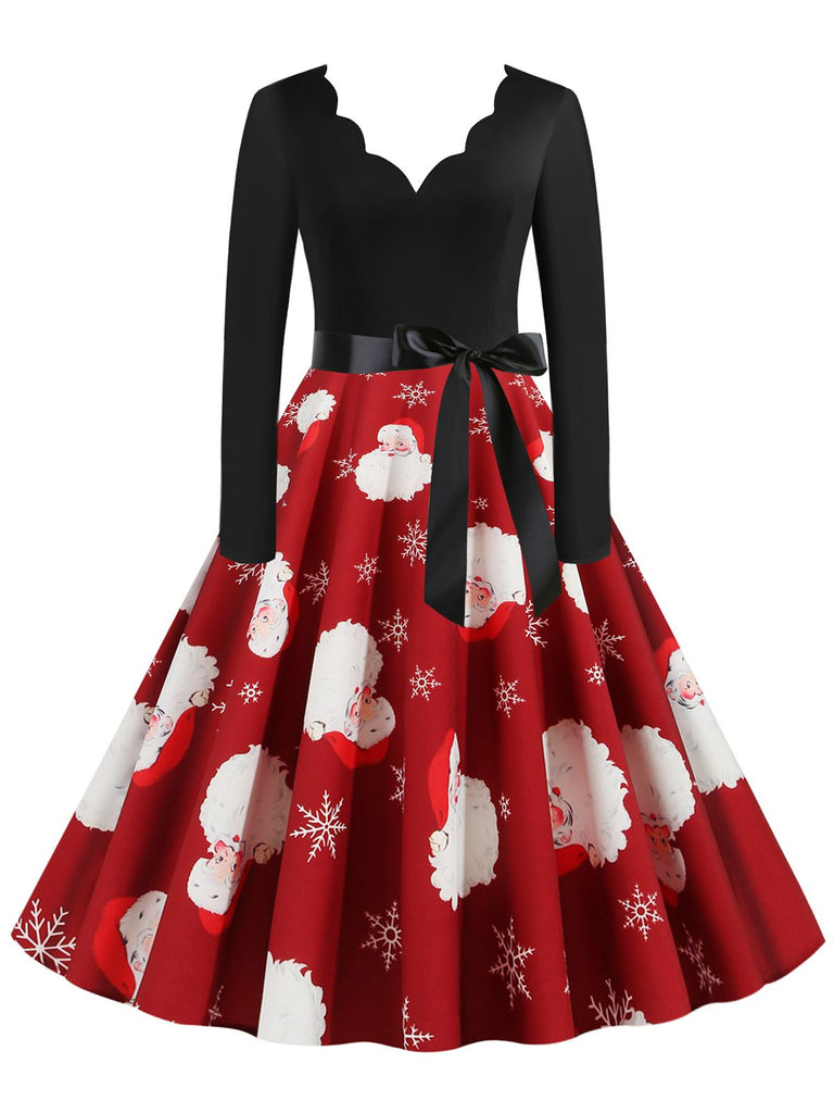Schwarz 1950er Weihnachten V-Ausschnitt Patchwork Swing Kleid
