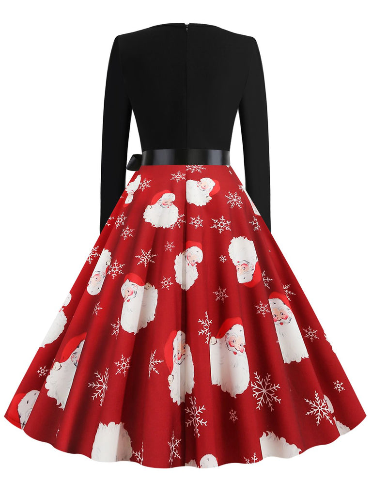Schwarz 1950er Weihnachten V-Ausschnitt Patchwork Swing Kleid