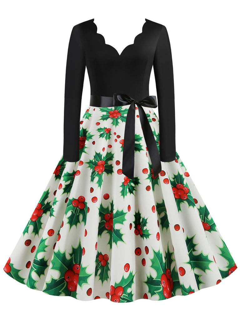 Schwarz 1950er Weihnachten V-Ausschnitt Patchwork Swing Kleid