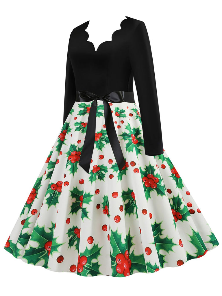 Schwarz 1950er Weihnachten V-Ausschnitt Patchwork Swing Kleid