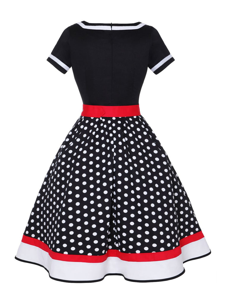 Multicolor 1950er Tupfen Patchwork Gürtelkleid