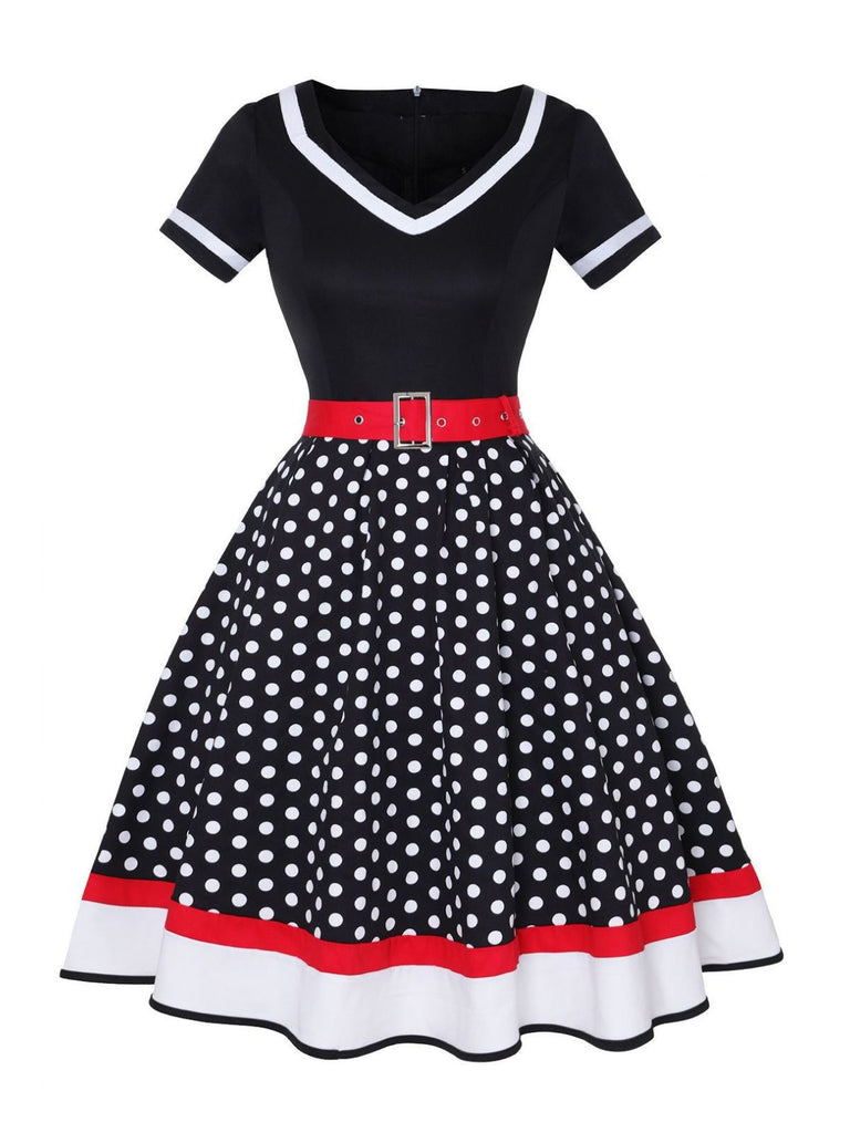 Multicolor 1950er Tupfen Patchwork Gürtelkleid