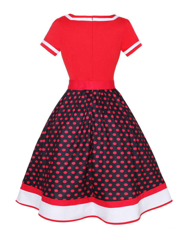 Multicolor 1950er Tupfen Patchwork Gürtelkleid