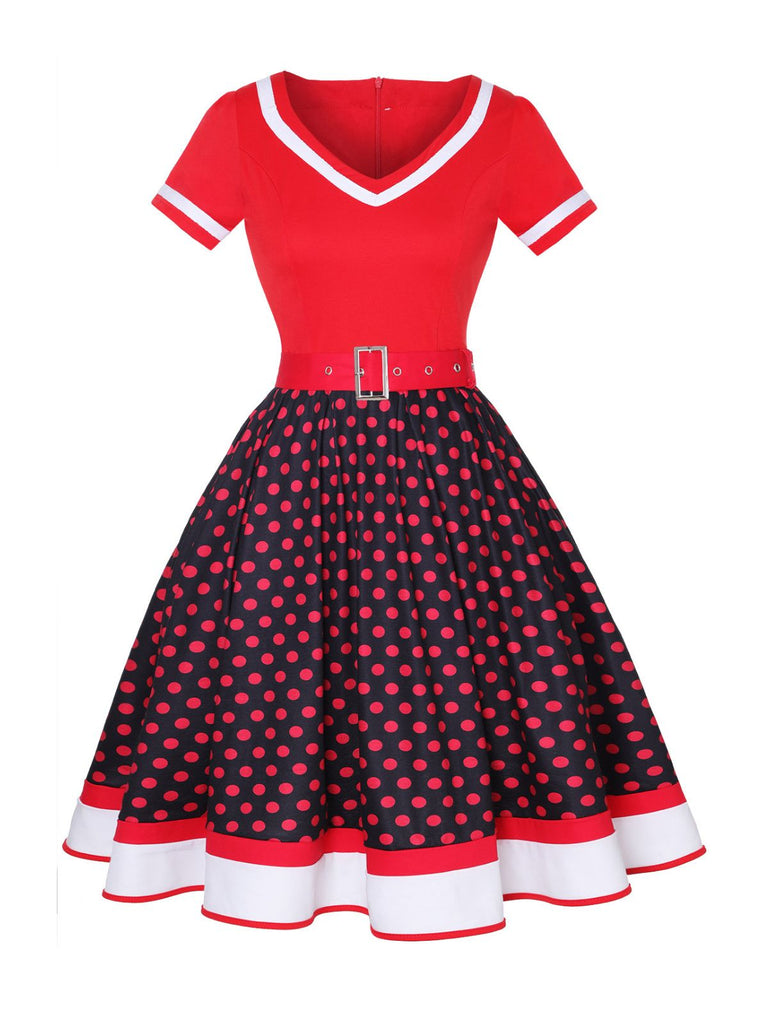 Multicolor 1950er Tupfen Patchwork Gürtelkleid
