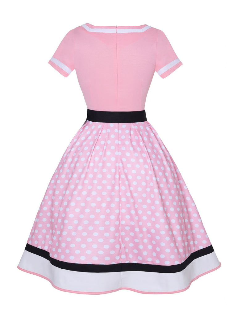 Multicolor 1950er Tupfen Patchwork Gürtelkleid