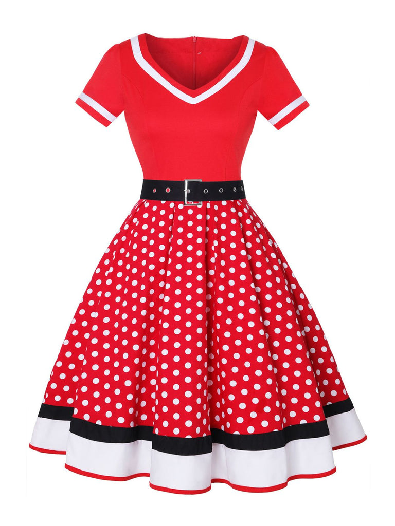 Multicolor 1950er Tupfen Patchwork Gürtelkleid
