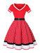 Multicolor 1950er Tupfen Patchwork Gürtelkleid