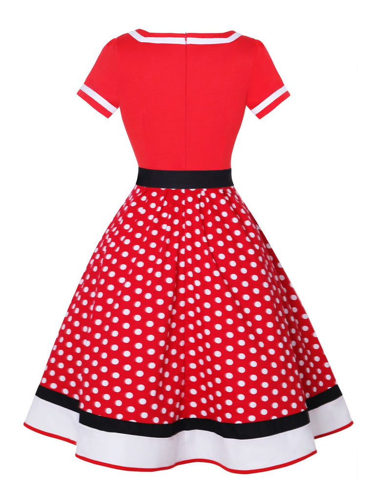Multicolor 1950er Tupfen Patchwork Gürtelkleid
