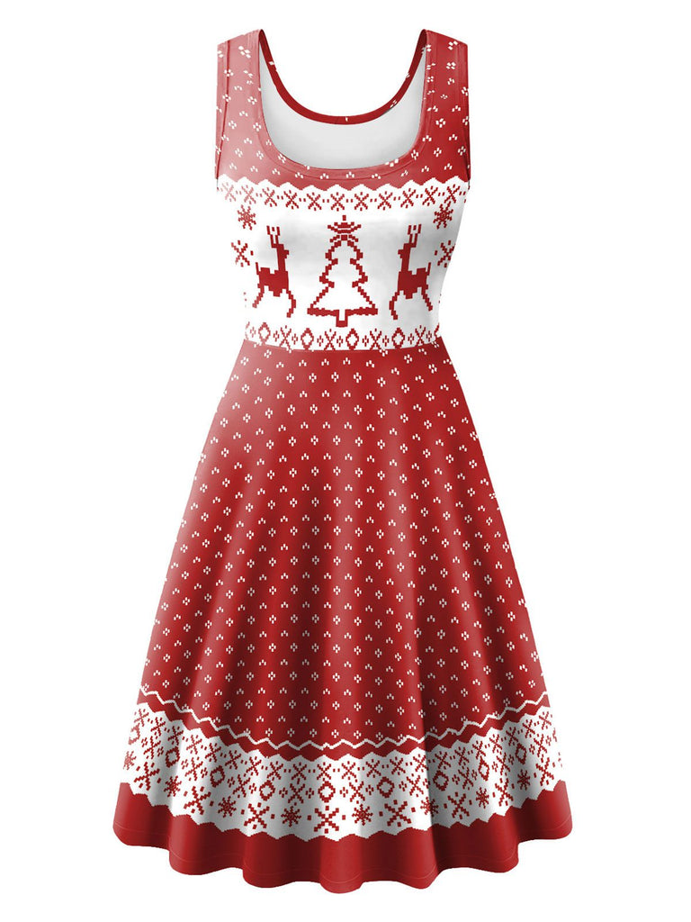 1950er Jahre Weihnachten Print gestricktes ärmelloses Kleid