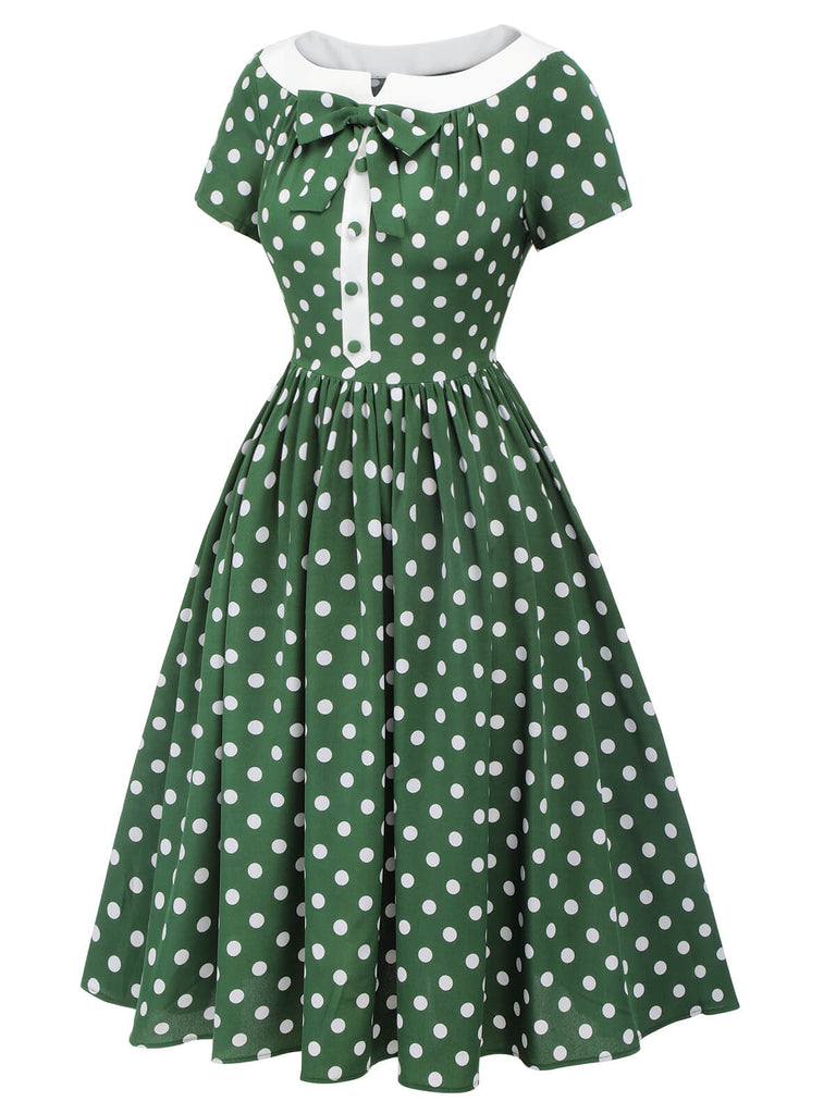 Grün 1940er Polka Dot Schleifenknoten Patchwork Kleid