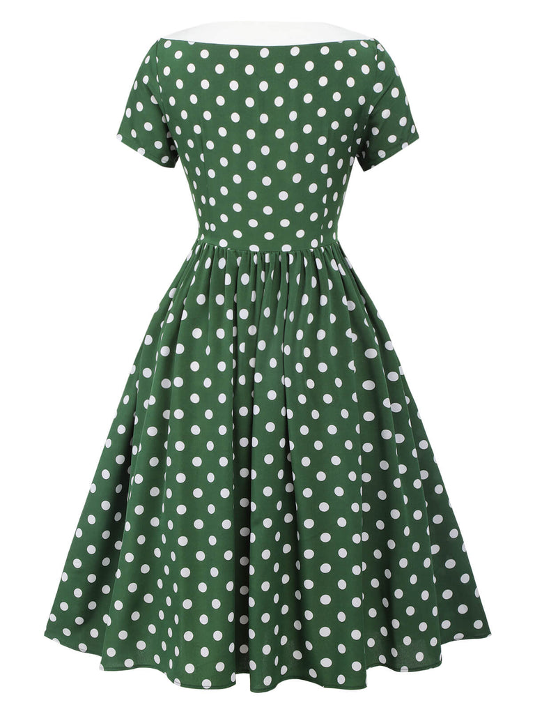 Grün 1940er Polka Dot Schleifenknoten Patchwork Kleid