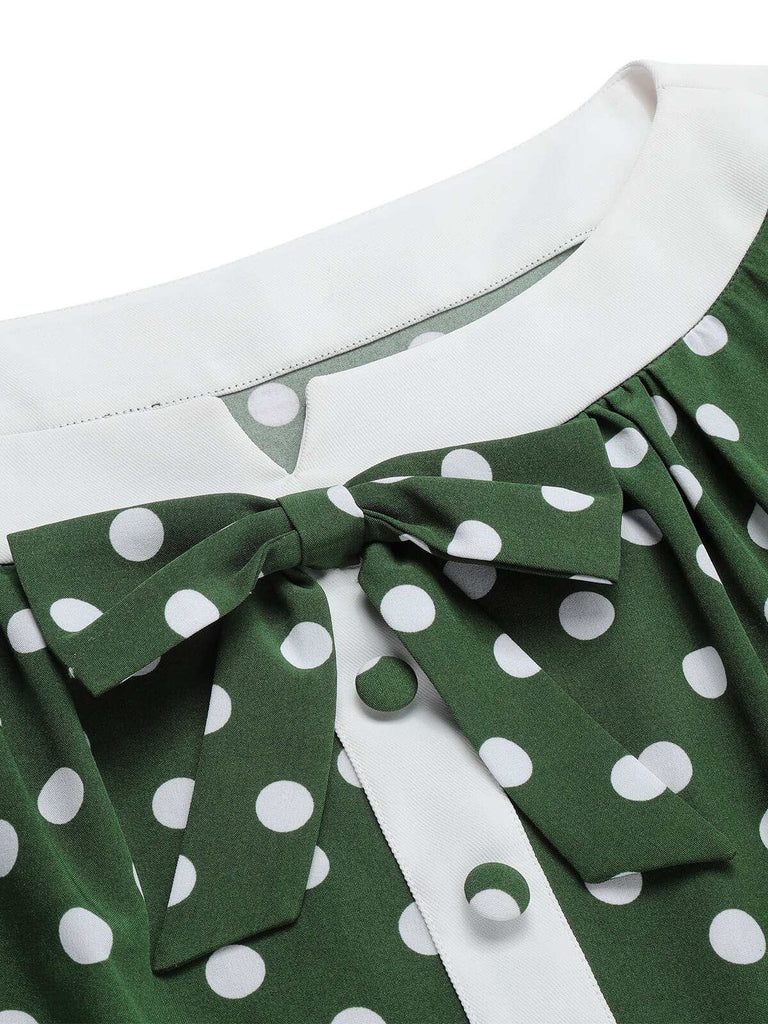 Grün 1940er Polka Dot Schleifenknoten Patchwork Kleid