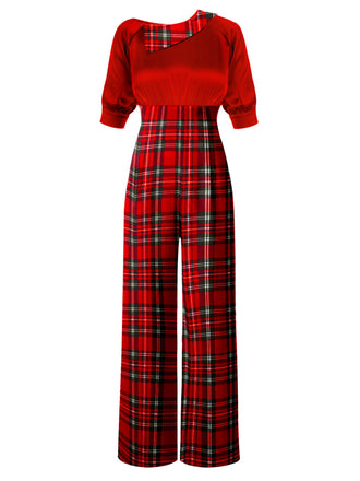 Rot 1930er Weihnachten Plaid Kurzarm Jumpsuit