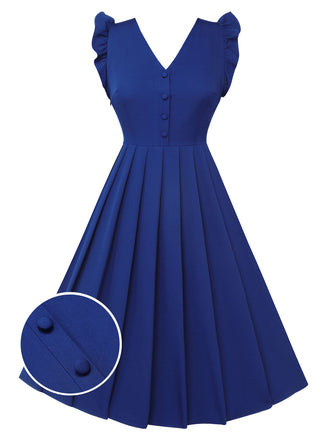 Blau 1950er Plissiertes Rüschen Trägerkleid