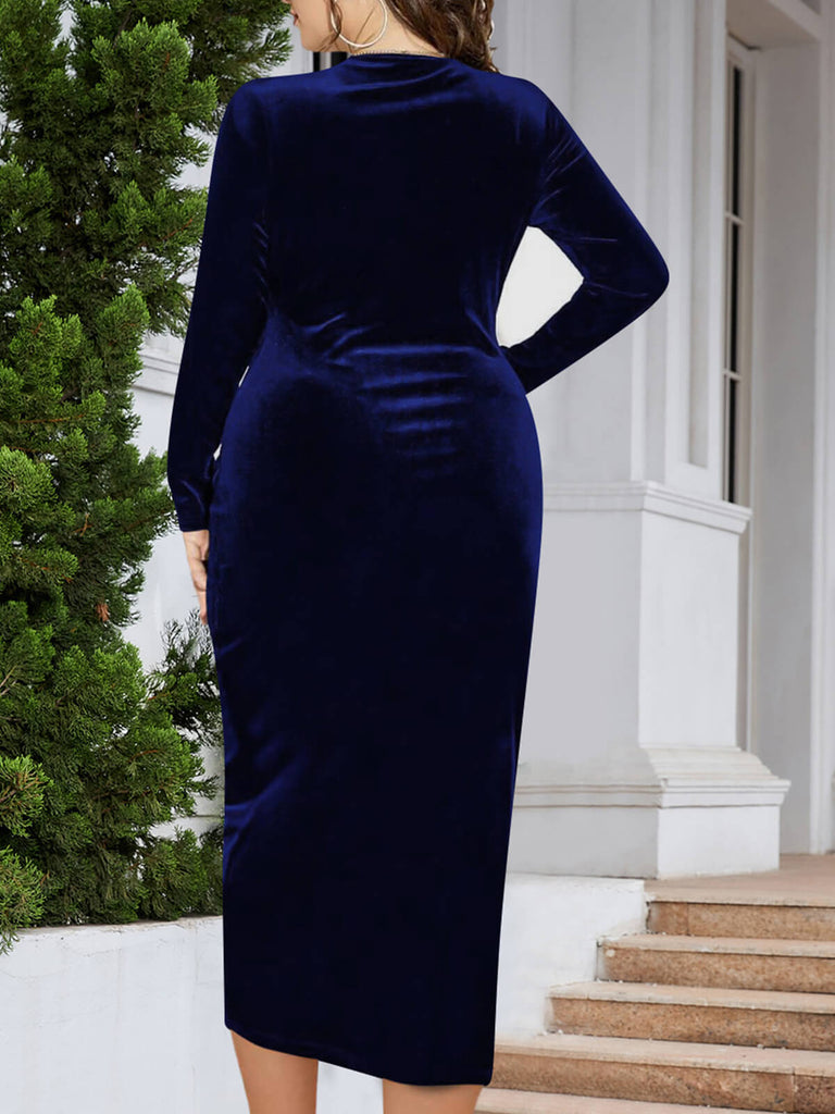 [Übergröße] 1960er V-Ausschnitt Samt Wickelkleid