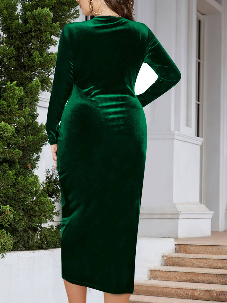 [Übergröße] 1960er V-Ausschnitt Samt Wickelkleid