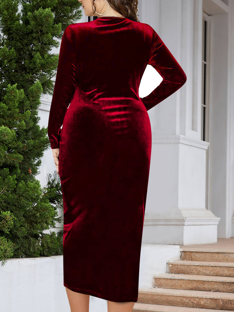 [Übergröße] 1960er V-Ausschnitt Samt Wickelkleid