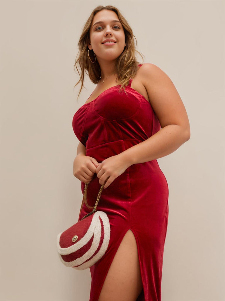 [Übergröße] Rot 1960er Geschlitztes Samt Trägerkleid