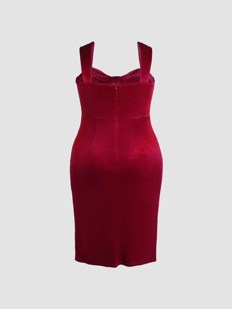 [Übergröße] Rot 1960er Geschlitztes Samt Trägerkleid