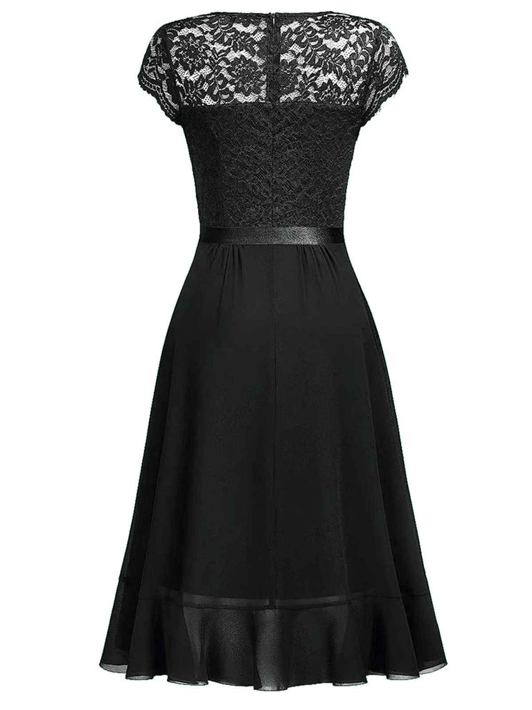 1950er V-Ausschnitt Spitzenrüschen Festes Kleid