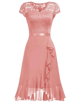 1950er V-Ausschnitt Spitzenrüschen Festes Kleid