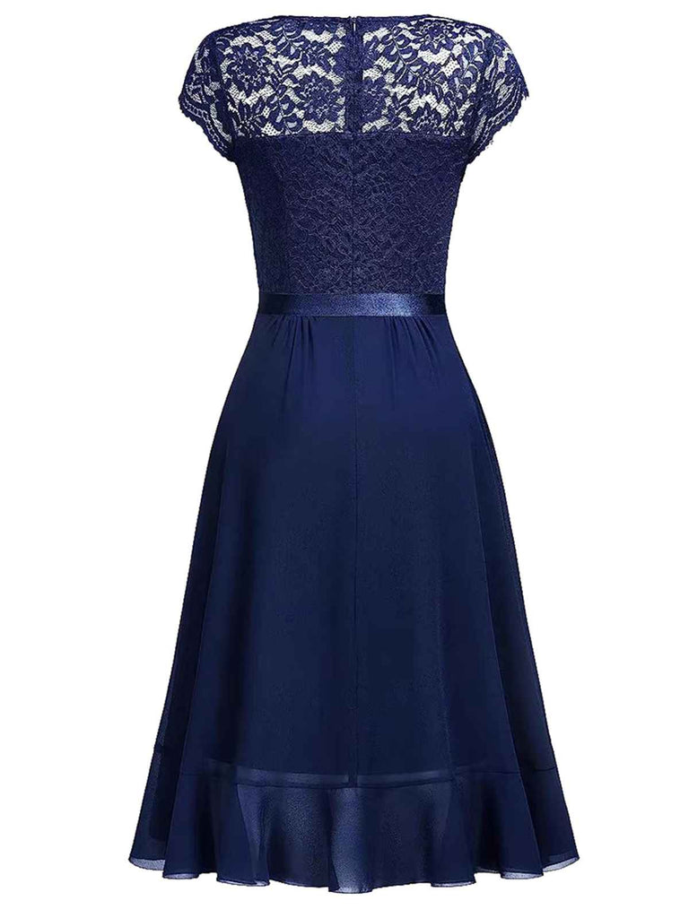 1950er V-Ausschnitt Spitzenrüschen Festes Kleid